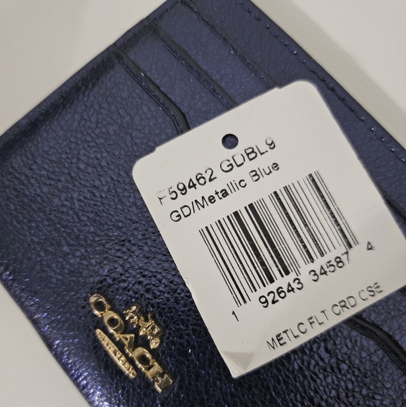 Coach card case metallic grain leather blue 4x3" - Picture 2 of 3